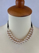 Double Strand Faux Pearl Necklace Choker Black Ribbon Tie
