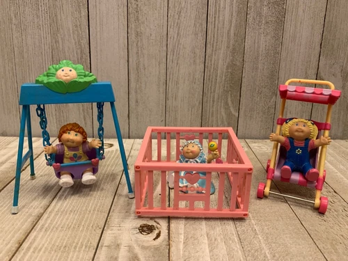 Lot of 6 80s Cabbage Patch Kids with Playsets | Swing, Stroller, Playpen