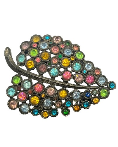 Vintage Little Nemo Pot Metal leaf Brooch pin Multi Color Rhinestones signed L/N