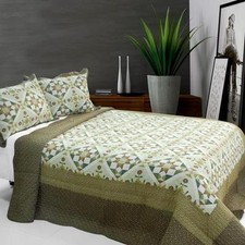 3 PC Blooming Flowers country green pattern 100 Cotton Queen Quilt Shams
