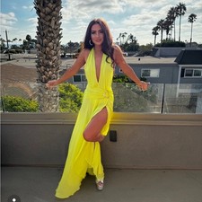 House of CB OLESSIA ACID LIME BACKLESS HALTER MAXI DRESS NWOT gown size S neon