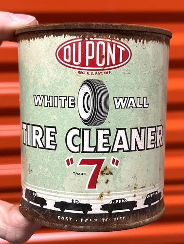 ✨VTG 1950s Dupont “7” White Wall Tire Cleaner Tin Can Gas Oil Litho Sign NOS!✨