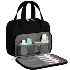 Travel Toiletry Bag, Water-resistant PU Leather Makeup Bag with Multiple Black