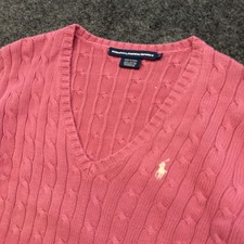 Vintage Ralph Lauren Sport Womens Pink Cable Knit V-Neck Cotton Sweater Sz Large