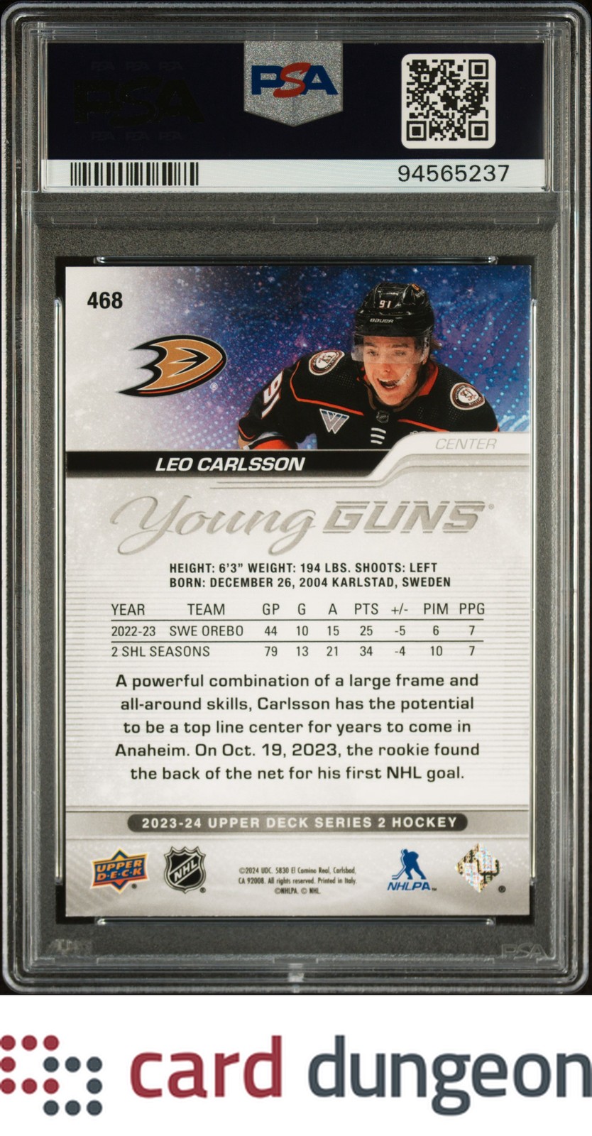 Leo Carlsson 2023 Upper Deck #468 Young Guns - 94565237 PSA 9 view 2
