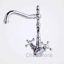 French Chrome Dual Cross Handle Sink Faucet Hot Cold Water Mixer Deck Mount Tap