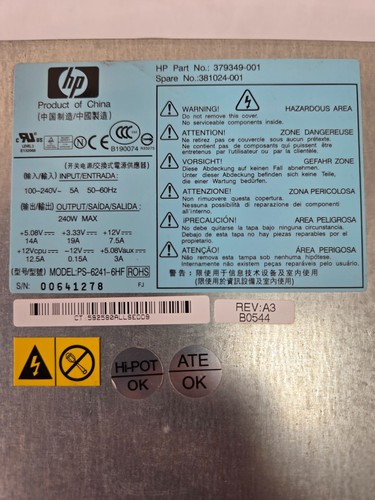 HP Compaq dc7600 SFF Power Supply 381024-001 379349-001 DPS-240FB-1 A - Afbeelding 9 van 12