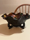 OLD GORGEOUS FENTON ANTIQUE CARNIVAL GLASS LION BLUE RUFFLED BOWL TREES