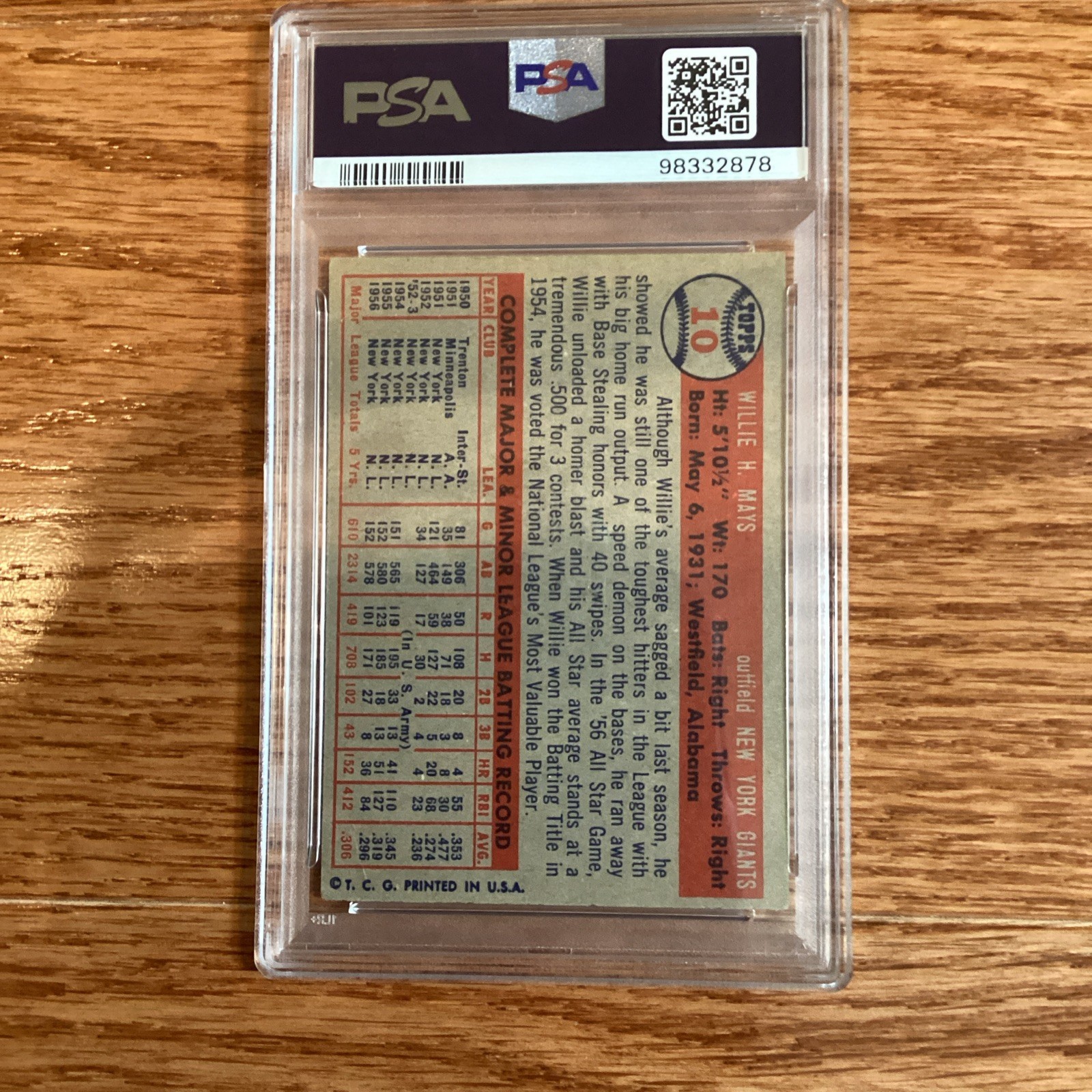 Topps 1957 Willie Mays #10 PSA 4 VG-EX New York Giants Base Set Card view 2