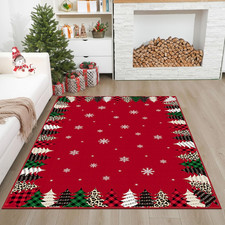 Christmas Area Rug 5 X 7 Feet Xmas Tree and Snowflake Red Christmas Rug Washable