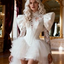 Elegant White Short Special Wedding Dresses High Neck Long Sleeve Lace Appliques