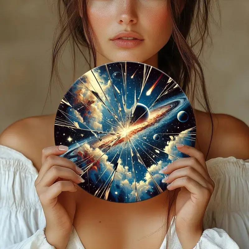 Retro Broken Design Round Aluminum Wall Art Vibrant Cosmic Colors 2D Flat