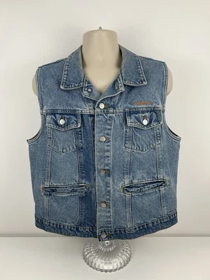 VTG Harley Davidson Denim Vest Mens Size L Large Blue Trucker Biker Cut USA Made - Image 1 of 4