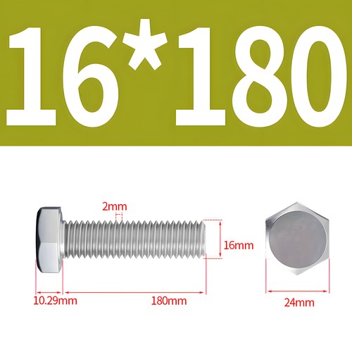 M16 Hex Cap Bolts / Screws, A2 304 Stainless Steel, 2.0 Coarse DIN 933 Tap 18-8 - Picture 26 of 28