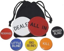 Texas Hold'em Poker 7pc Buttons Set All-In Dealer Big Little Blind & More +Pouch