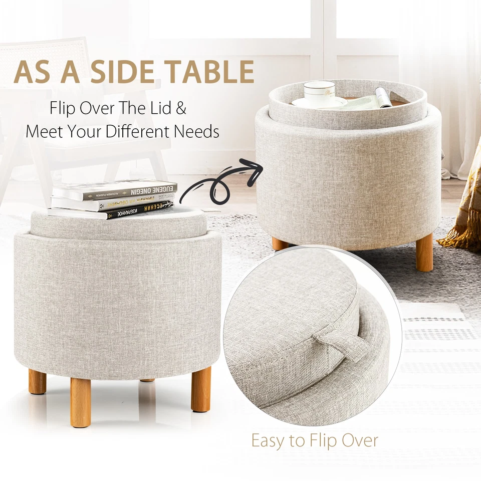 Costway Round Storage Ottoman w/Wood Leg w/Tray Top Accent Padded Footrest Beige - Image 3 of 4