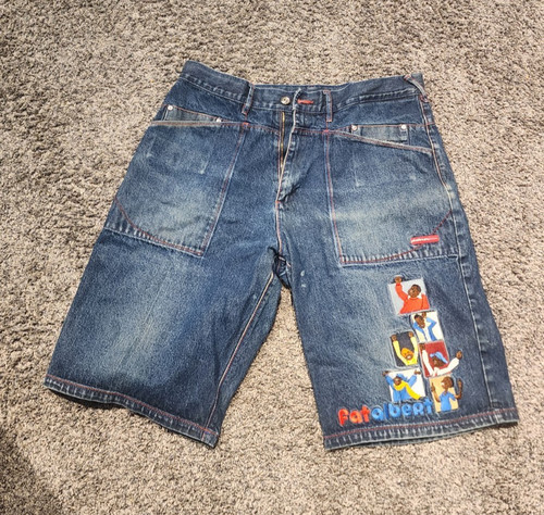 Rare VTG PLATINUM FUBU Fat Albert Denim Jean Shorts 90s Sz 38 Y2K style, stains