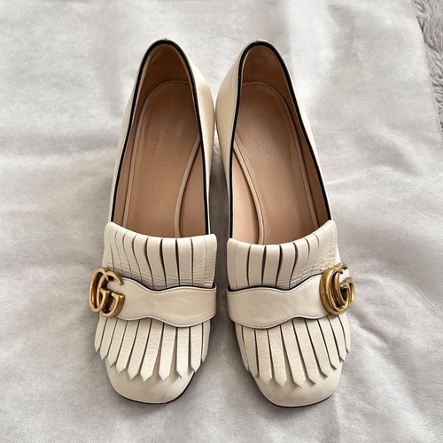 GUCCI Women's Loafers GG Marmont Fringe Leather White EU35.5 0052660K Authentic - Afbeelding 1 van 6