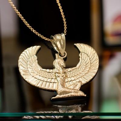 Yellow Gold Egyptian Isis Winged Goddess Pendant Necklace 10K 14K