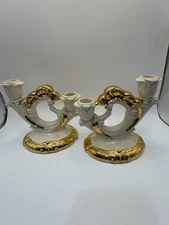 Vintage Ornate Ceramic Double Candle Holders White w Gold Trim Set of 2