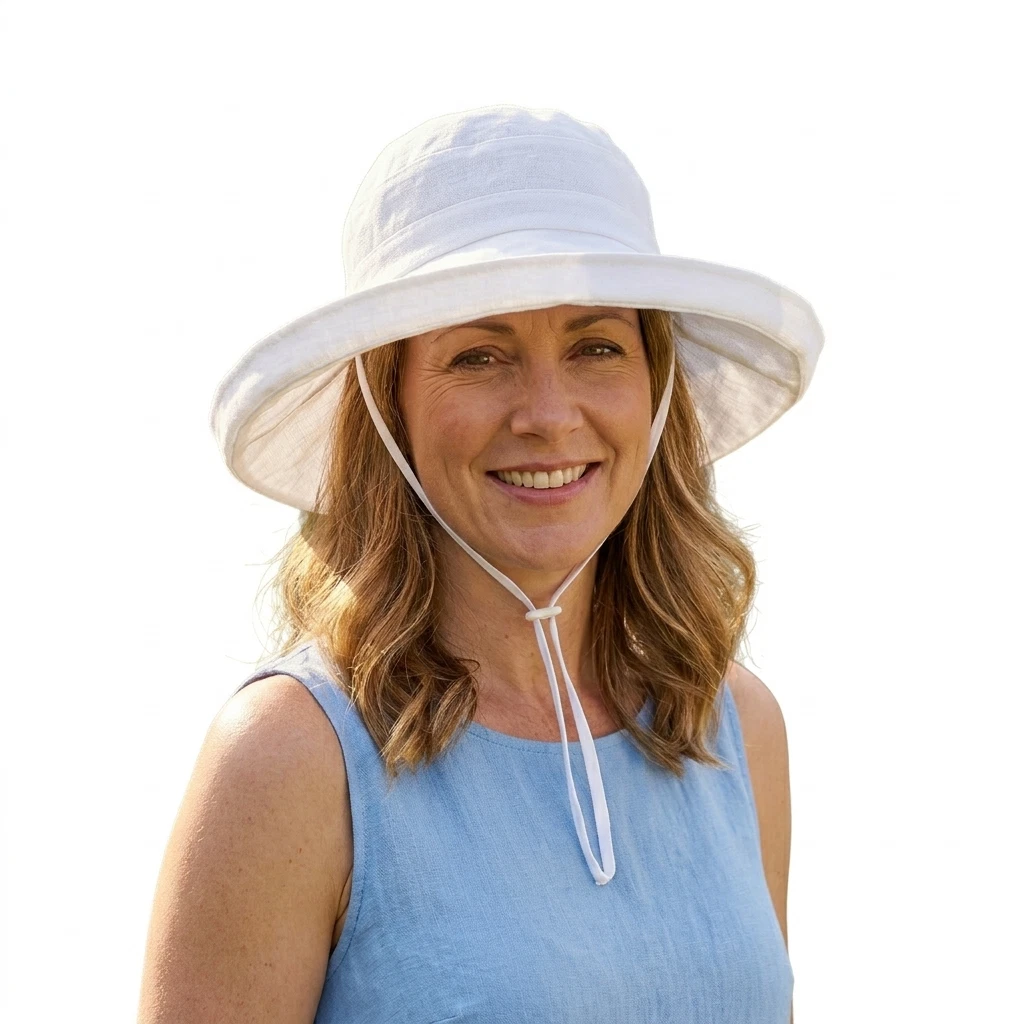 Ladies Cotton & Linen Wide Brim Sun Hat in White Chin Cord Adjustable Size Beach
Opens in a new wind