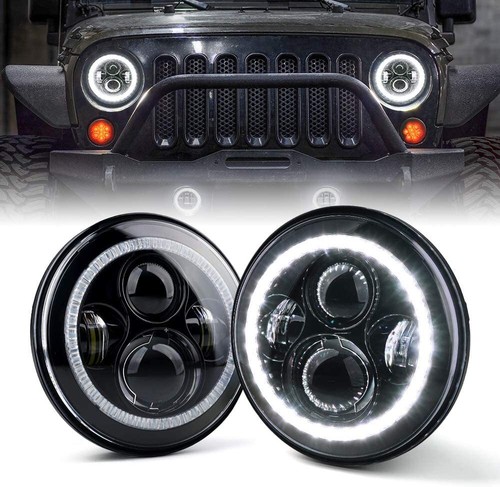 For Jeep Wrangler JK LJ TJ CJ 7"inch Round LED Headlights Halo Angle Eyes - Pair - Foto 13 di 15