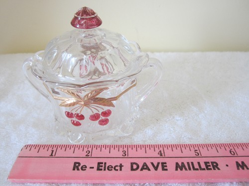 Vintage Mosser Glass Red Cherries Gold Cable Mini Covered Cracker Jar W Lid Box - Picture 8 of 9