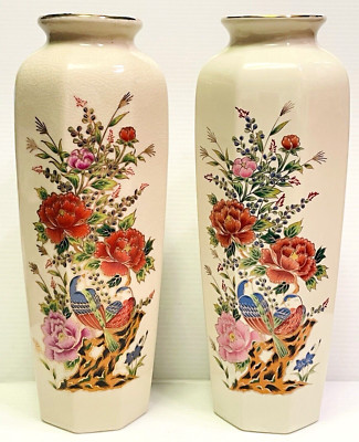 2 Japanese Vases Flowers & Birds Gold Trimmed 8 sided 11'' tall almost identical.