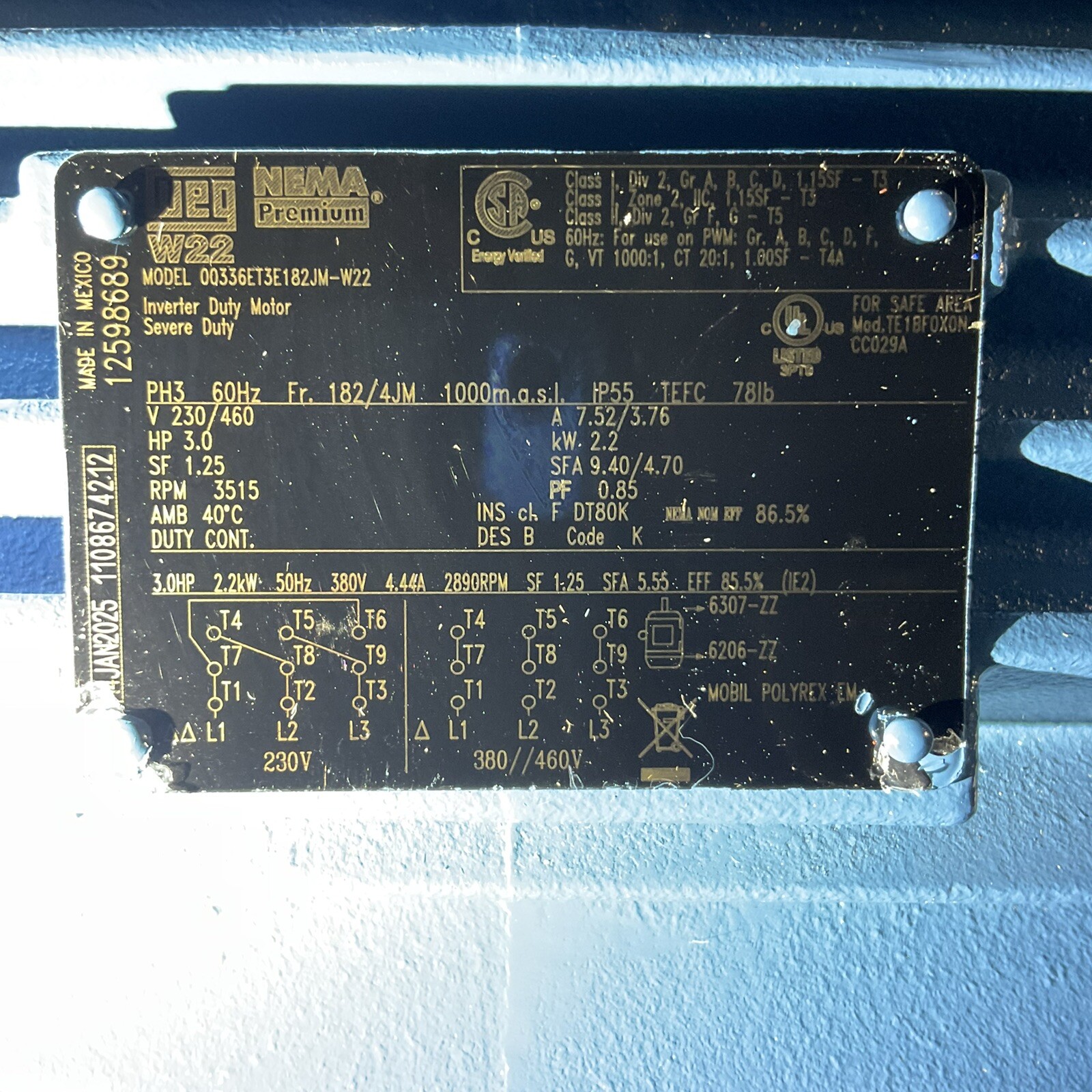 WEG 00336ET3E182JM-W22 Close-Coupled Pump Motor 3hp 208-230/460V