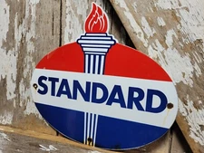 VINTAGE STANDARD PORCELAIN SIGN OLD AMERICAN GASOLINE ADVERTISING TORCH CAR OIL