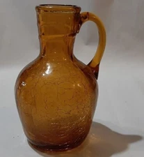 Vintage crackle small jug vase pitcher amber yellow glass with handle