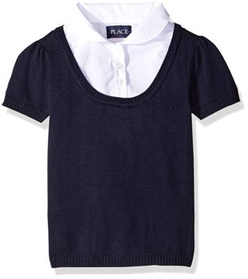 Girls' Short Sleeve Faux Layered Uniform Sweater, Tidal, XS