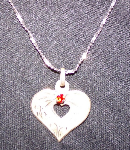Sterling Silver Necklace Vtg Heart Pendant Small Stone Ruby 20" Chain Jewelry - Picture 2 of 9
