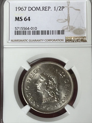 DOMINICAN REPUBLIC  1/2 Peso 1967 - NGC MS64 J2