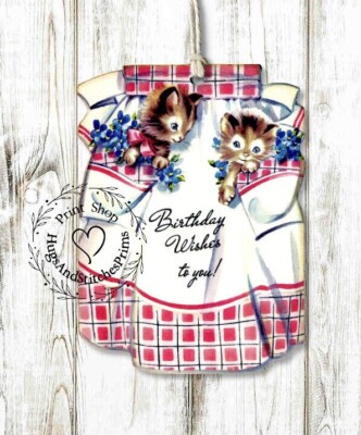 RETRO APRON KITTY CAT KITTEN BIRTHDAY GIFT or JOURNALING TAGS #250