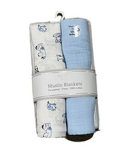 Modern Baby 2Pk Muslin Swaddle Blanket 100 Cotton, Solid Blue / Puppy Dog New