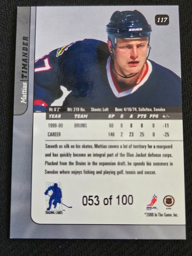 2000-01 BAP SIGNATURE SERIES MATTIAS TIMAND SAPPHIRE BLUE #117 #ed 53/100 - Picture 2 of 2