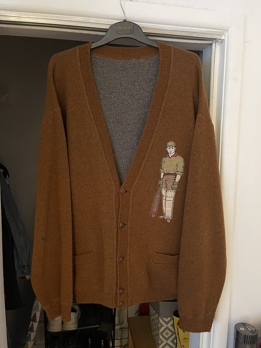Vintage Retro 70s Mens Cricketer Embroidered Cardigan Brown Size L