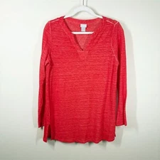 Chicos Linen Split V Neck Tunic Size S Orange Red Slub Knit Long Sleeve Summer