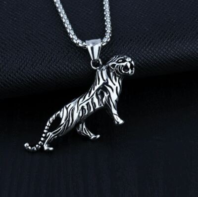 Collier Pour Homme Avec Pendentif Tigre En Argenté - Acier Inoxydable, Style Animalier