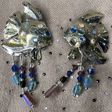 Retired Rare Lunch at The Ritz Signed Fish Silvertone Rhinestone Earrings Pieced