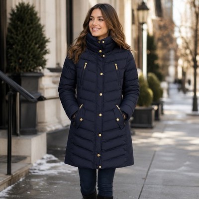 Michael Kors Women s Blue Long Faux Fur Hooded Down Puffer Coat Jacket Size L