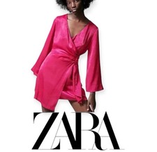 ZARA Satin Effect Wrap Dress Size XS Fuchsia Hot Pink Mini Party Dress