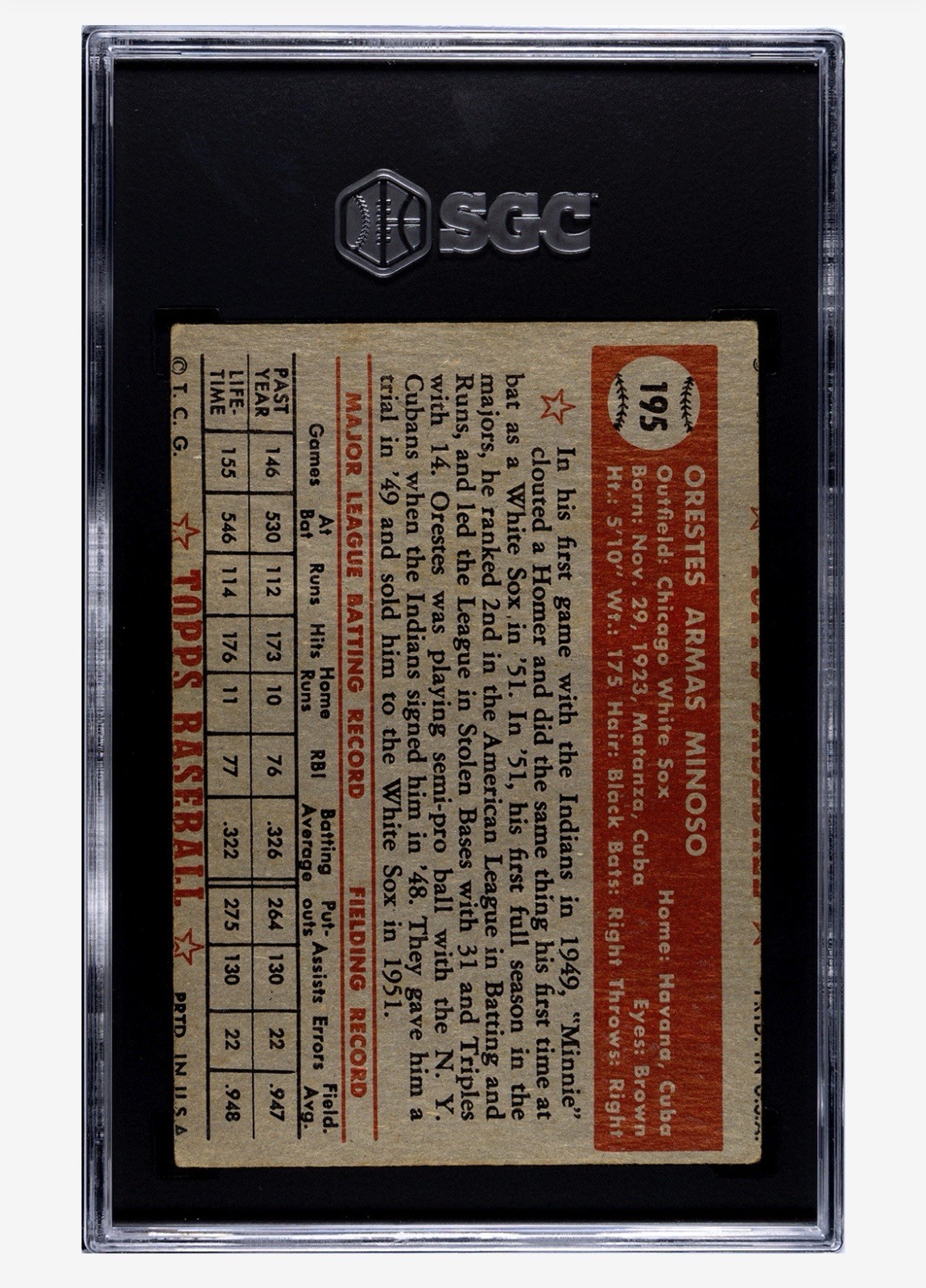 1952 Topps - Minnie Minoso #195 (RC) Hof Rookie SGC 2.5 Vivid view 2
