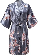 Women Satin Floral Kimono Robe Short Silk Bridesmaid Wedding Dressing Gown