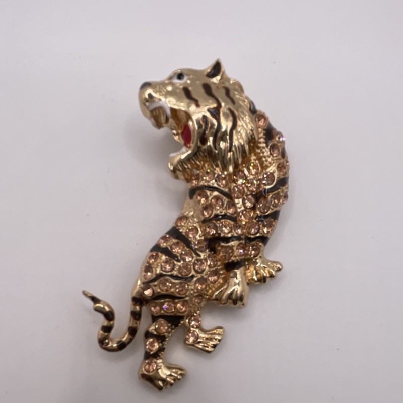 Tiger Pendant/Brooch Gold w/ Black Enamel Rhinestones Animal Jewelry