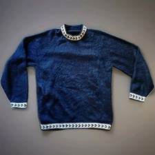 Vintage Alpaca Blend Sweater Blue Nordic Pattern Trim Pullover Unisex M L Read