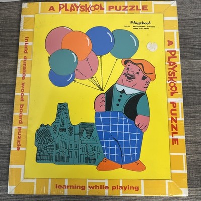 Vintage Playskool #360-18 Balloon Man Wood Tray 21 Piece Board Puzzle Inlays New