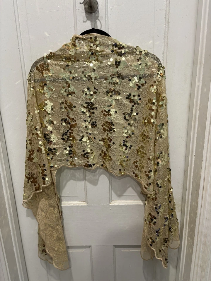 Betsey Johnson Cejon Gold Sequined Evening Wrap Shawl Scarf Prom Wedding Party - Image 2 of 4