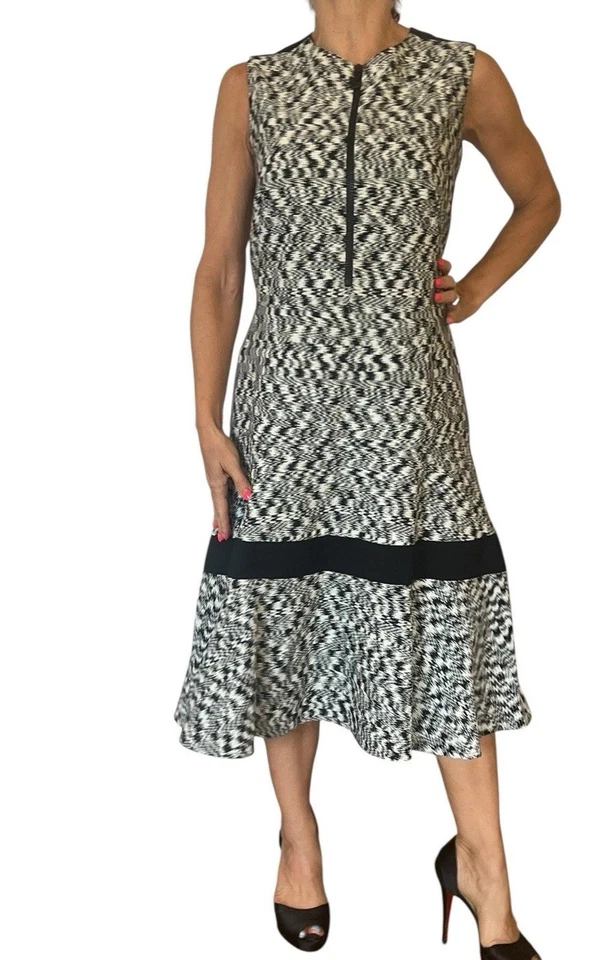 Akris Punto Front Zip Dress White Black Ikat Cotton Sleeveless Fit Flare Midi 12 - Image 3 of 4